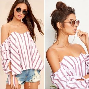 LULUS - RED AND WHITE STRIPED OFF-THE-SHOULDER TOP